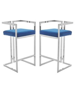 Amberley Blue Velvet Bar Stools With Silver Frame In Pair