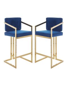 Amberley Blue Velvet Bar Stools With Gold Frame In Pair