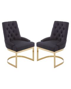 Amberley Black Linen Fabric Dining Chairs With Gold Base In Pair