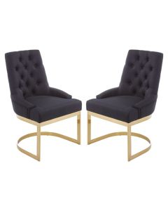 Amberley Black Linen Fabric Dining Chairs With Gold Base In Pair