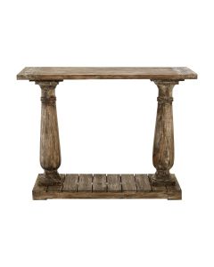Lovina Wooden Console Table In Rustic Teak With Pillars