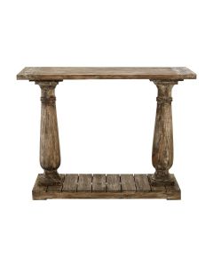 Lovina Wooden Console Table In Rustic Teak With Pillars