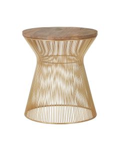 Mahomet Wooden Side Table In Gold Metal Wire Frame