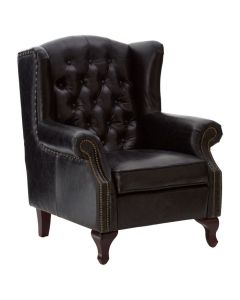 Victor Leather Scroll Armchair In Black With Wooden Legs