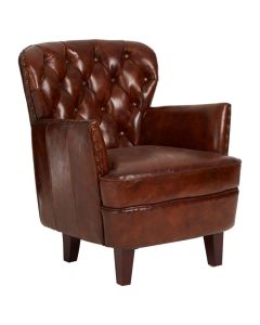 Victor Leather Button Back Armchair In Mocha Brown With Wooden Legs