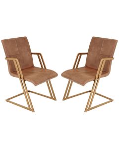 Bodmin Brown Faux Leather Dining Chairs With Brass Angular Legs In Pair