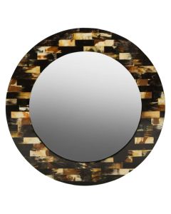 Obra Mother Of Pearl Round Wall Mirror With Brown Wooden Frame