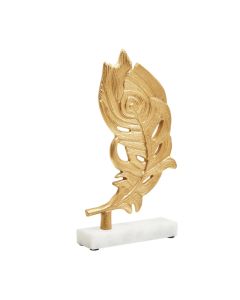 Evra Peacock Feather Sculpture In Gold On White Marble Base