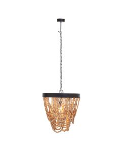 Lapiz Wood Bead Chandelier With Black Iron Frame