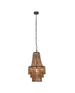 Lapiz Wood Three-Tiered Chandelier With Black Iron Frame