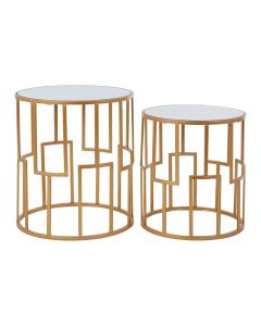 Avantis Round Mirrored Glass Set Of 2 Side Tables With Gold Metal Frame