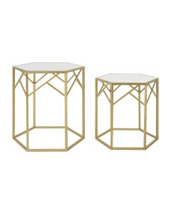 Avantis Hexagonal Mirrored Set Of 2 Side Tables With Gold Frame