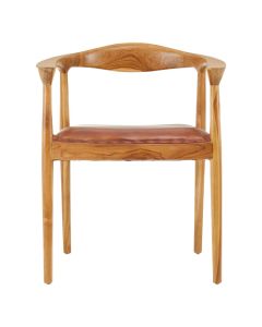 Kendari Teak Wood Chair With Brown Leather Seat In Natural