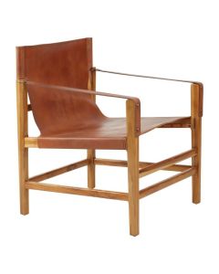 Kendari Teak Wood Straight Armchair In Brown With Leather Seat