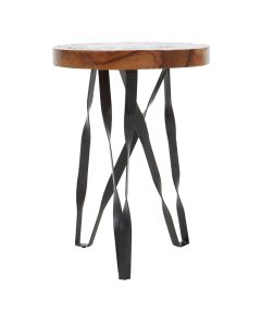 Surak Teak Wood Round Stool With Black Iron Legs