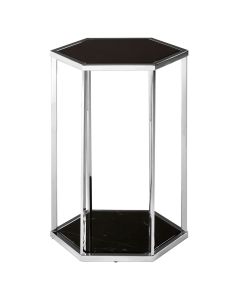Piermount Hexagonal Black Glass End Table With Silver Base