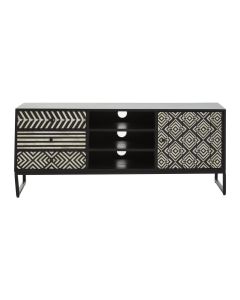 Boho Wooden TV Stand In Monochromatic Effect With 1 Door And 3 Drawers