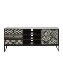 Boho Wooden TV Stand In Monochromatic Effect With 1 Door And 3 Drawers