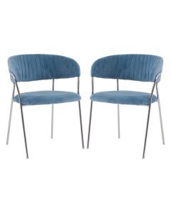Tamzin Blue Velvet Dining Chairs With Silver Metal Legs In Pair