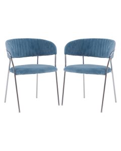 Tamzin Blue Velvet Dining Chairs With Silver Metal Legs In Pair