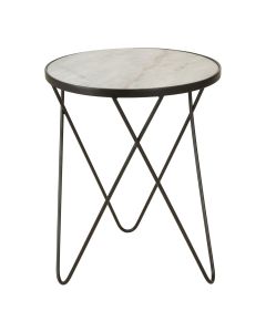 Rabia Round White Marble Top Side Table With Black Metal Legs