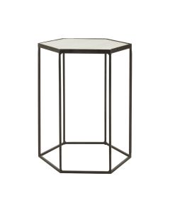 Rabia Hexagonal White Marble Top Side Table With Black Metal Base