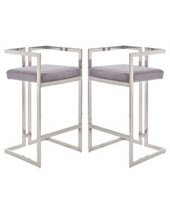 Amberley Grey Velvet Bar Stools With Silver Frame In Pair