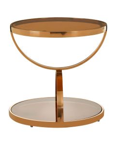 Tula Round Brown Glass Side Table In Rose Gold Stainless Steel Base