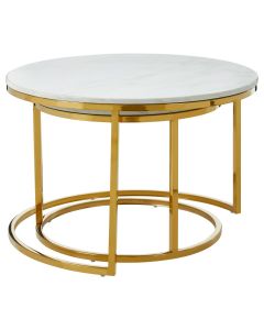 Tula Round Marble Set Of 2 Coffee Tables In White With Gold Metal Frame