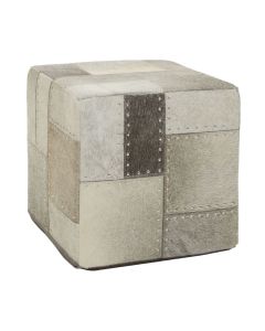 Safira Genuine Leather Patchwork Pouffe In Grey