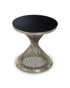 Alveley Round Black Glass Top Side Table With Silver Geometric Base