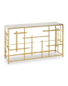 Alvescot White Marble Top Console Table With Gold Asymmetric Frame