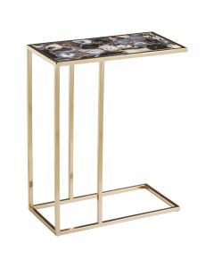 Vita Agate Marble Side Table In Black With Gold Metal Frame