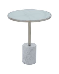 Orton Glass End Table In White Marble Effect With Silver Stainless Steel Frame