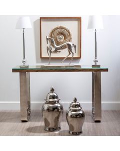 Kera Glass Console Table In Natural With U-Shaped Metal Base