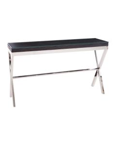 Kera Glass Console Table In Black With Cross Metal Base