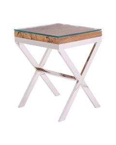 Kero Glass Side Table In Natural With Cross Stainless Steel Base