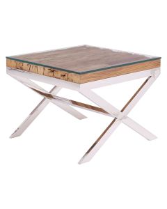 Kerala Clear Glass Top End Table In Natural With Cross Base