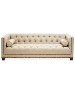 Surina Fabric 3 Seater Sofa In Stone With Carved Wooden Feets