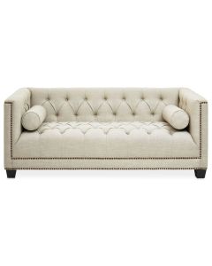 Surina Fabric 2 Seater Sofa In Stone With Carved Wooden Feets