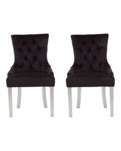 Richmond Black Velvet Dining Chairs With Silver Stainless Steel Legs In Pair
