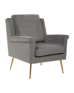 Salma Velvet Armchair In Grey With Gold Metal Legs