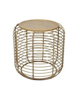 Trento Rattan Top Wooden End Table With Antique Gold Iron Frame