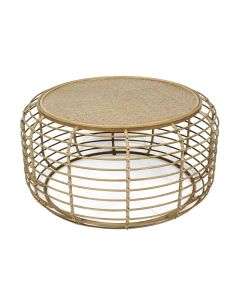 Trento Rattan Top Wooden Coffee Table With Antique Gold Iron Frame