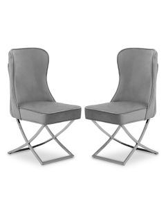 Belle Grey Velvet Dining Chairs With Chrome Metal Legs In Pair