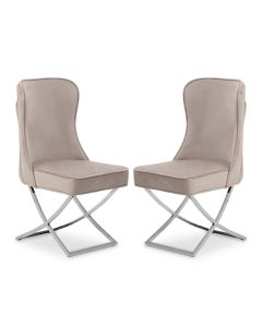 Belle Natural Velvet Dining Chairs With Chrome Metal Legs In Pair