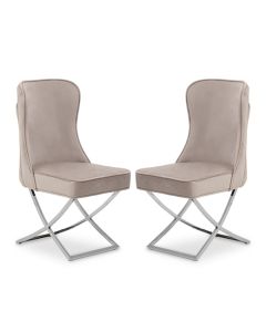Belle Natural Velvet Dining Chairs With Chrome Metal Legs In Pair