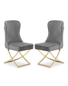 Belle Grey Velvet Dining Chairs With Gold Metal Legs In Pair