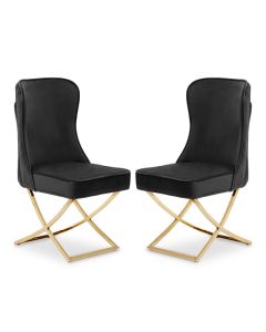 Belle Black Velvet Dining Chairs With Gold Metal Legs In Pair