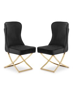 Belle Black Velvet Dining Chairs With Gold Metal Legs In Pair